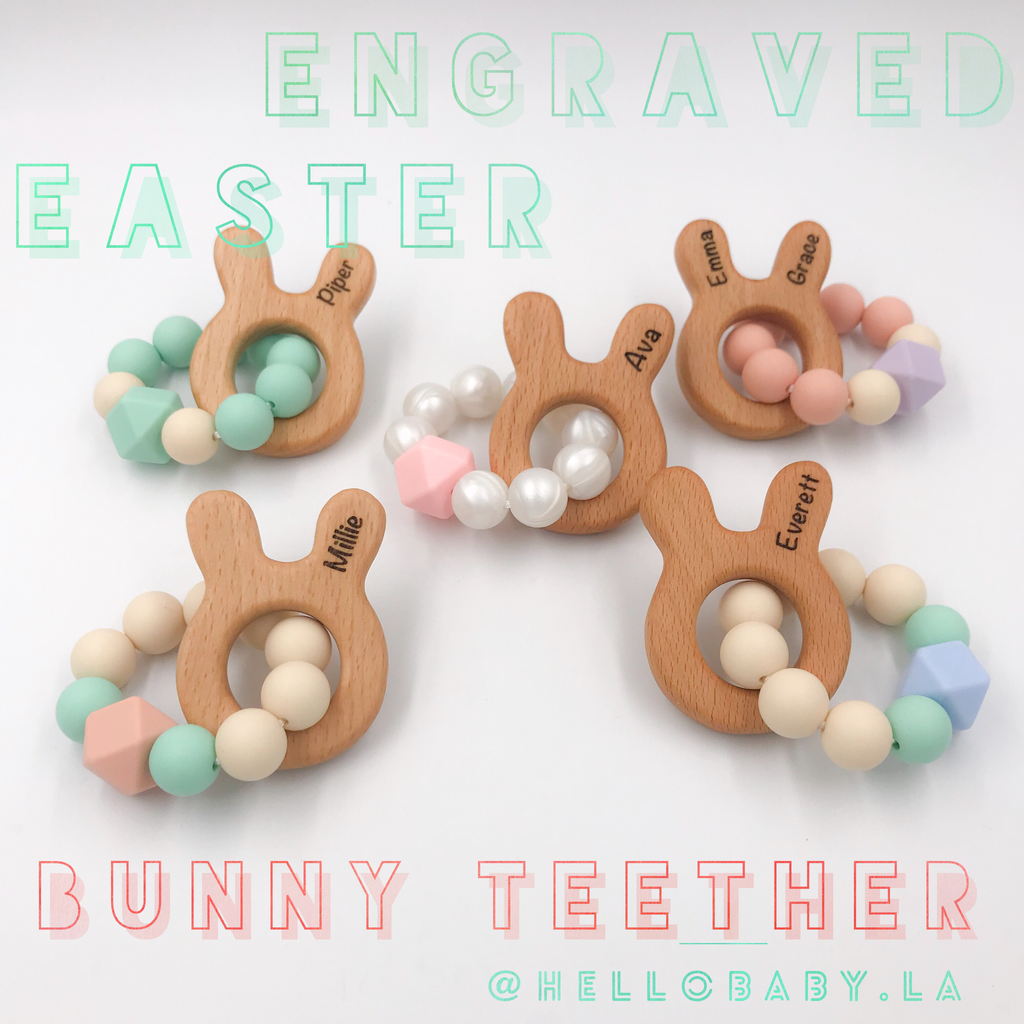 Engraved and Personalized Mini Bunny Easter Silicone Teethers hellobabyLA LLC